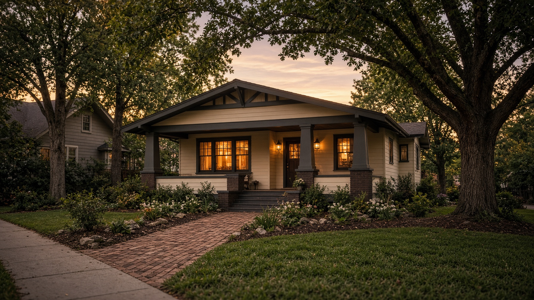 Renovated Atlanta craftsman bungalow at dusk
